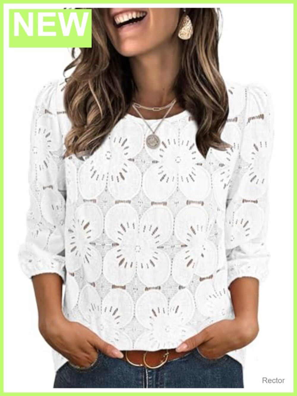 Sampeel 3/4 Sleeve Lace Eyelet Blouse Puff Sleeve Dressy Casual Top